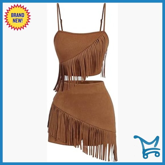 Tops - Suede Fringe Sleeveless Cami Top and Shorts Two Piece Set